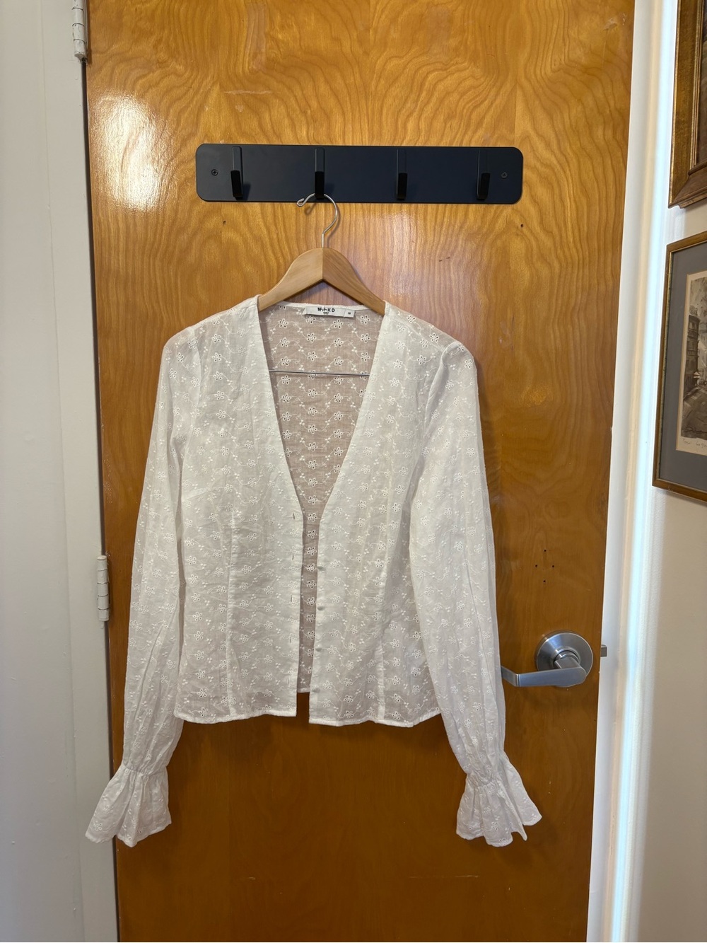 Open-Front White Lace Blouse with Ruffle Cuffs